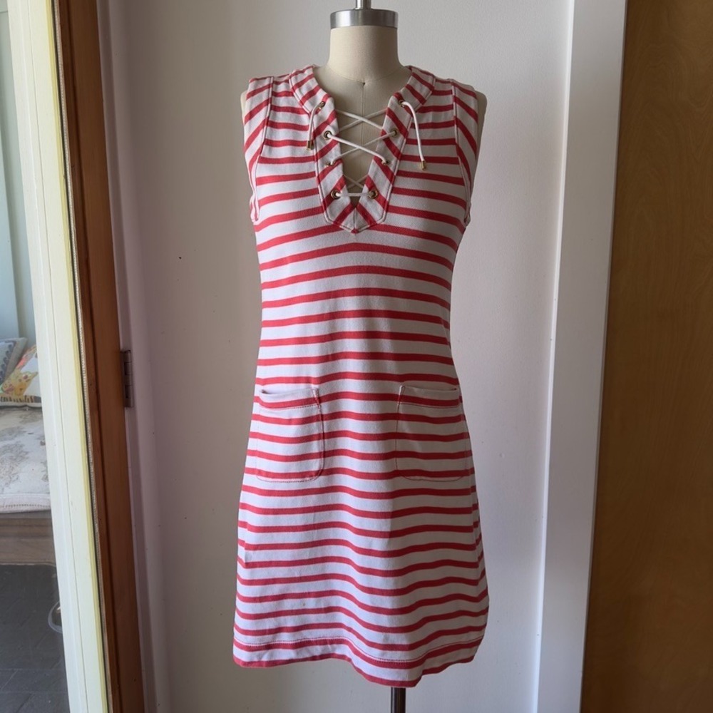 Kate Spade New York Lace-Up Nautical Striped Cotton Shift Dress-Coral & White-XS